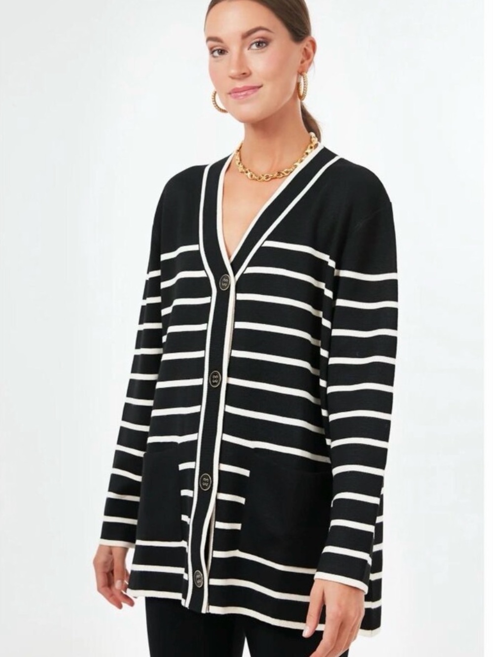 Tuckernuck Lauren Cardigan Oversized Black Cream Stripe Small NWT